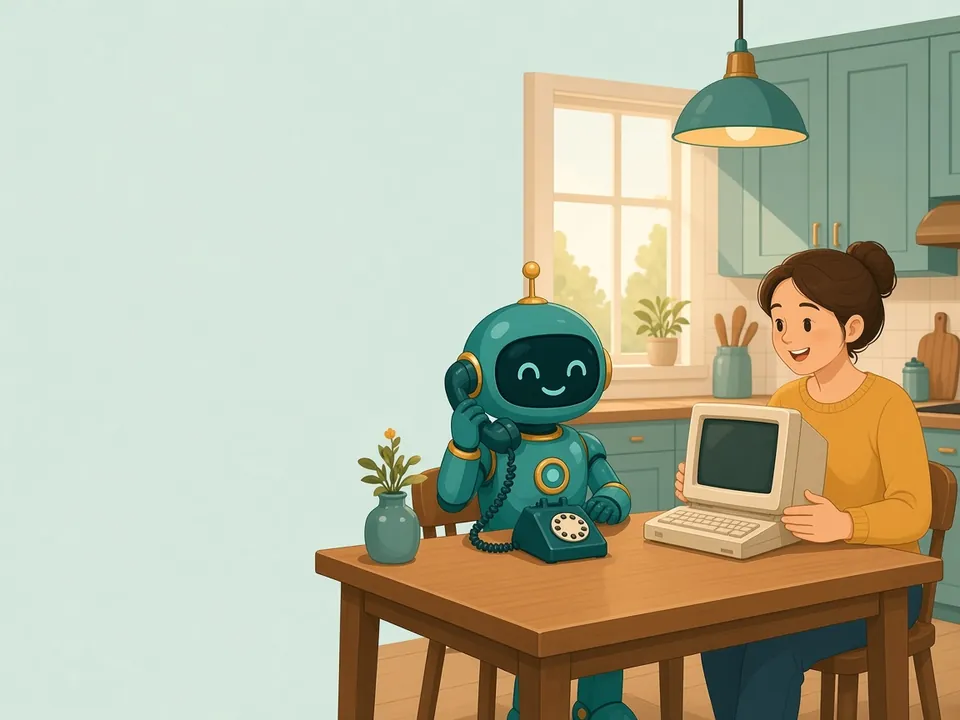 A teal robot talks on an old rotary phone at a kitchen table while a smiling woman holds up her computer.