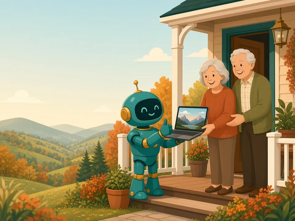 On a porch in the autumn hills, a teal robot gives a thumbs-up as it hands a working laptop back to a happy older couple.