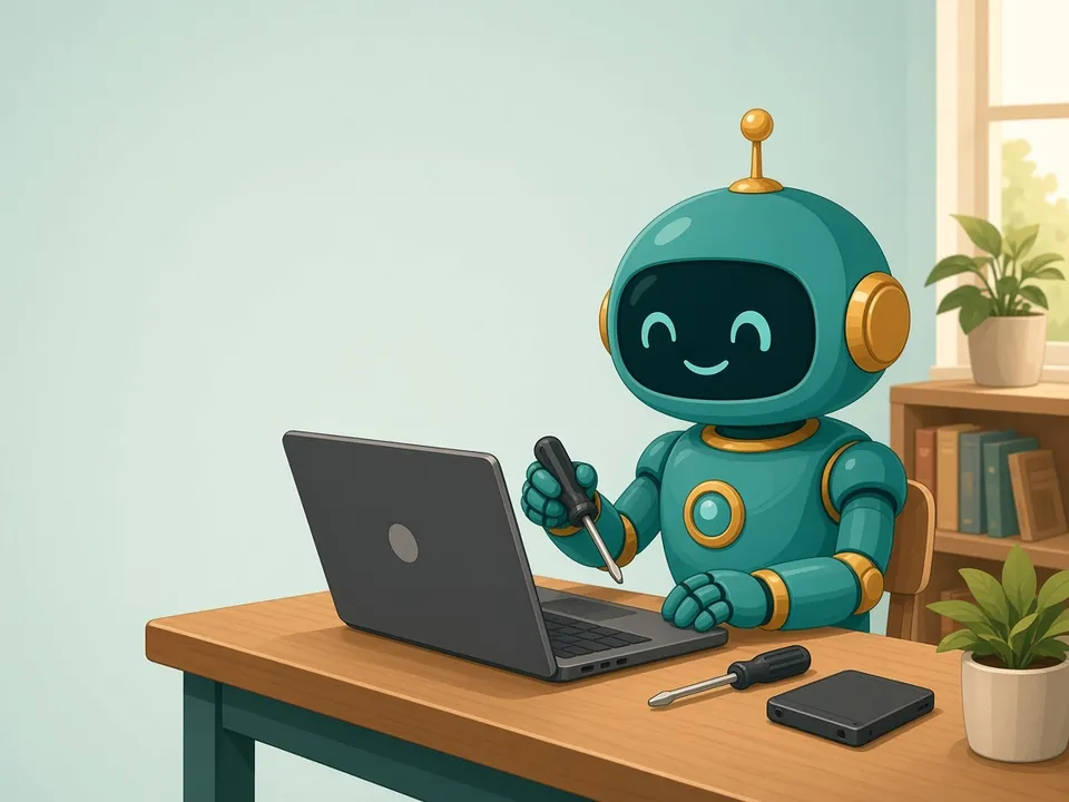 A smiling teal robot works on a laptop at a desk with a screwdriver and a spare drive beside it.